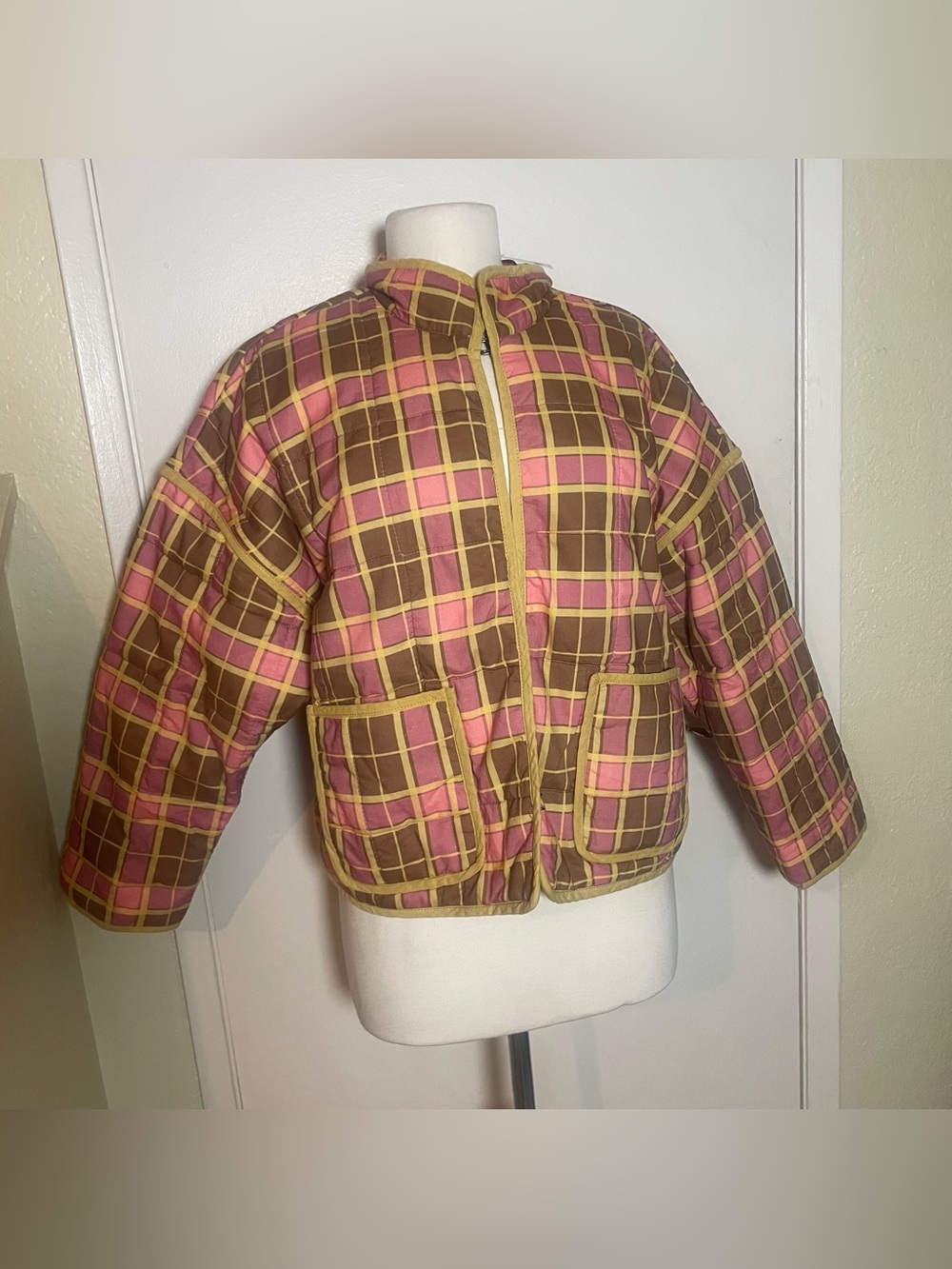 Free People Plaid Quilted Jacket XS Pink Brown Yellow NWT